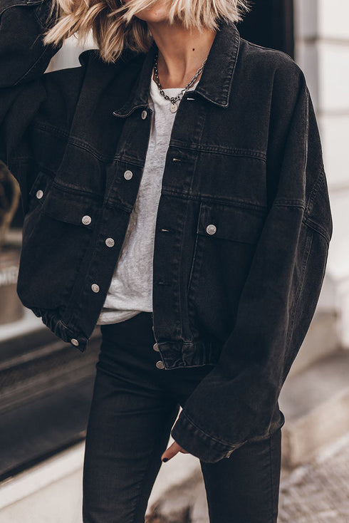 Metal Buttons Flap Pocket Drop Shoulder Denim Jacket